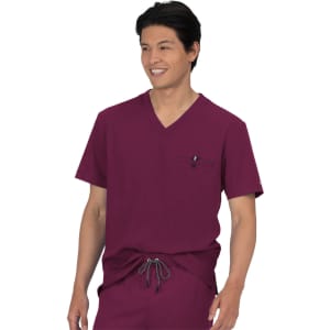 A maroon medical scrubs top with a V-neck design and a pocket on the left side. Features a drawstring waist.