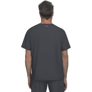 A grey short-sleeved top viewed from the back, featuring a simple design and branding on the neck.