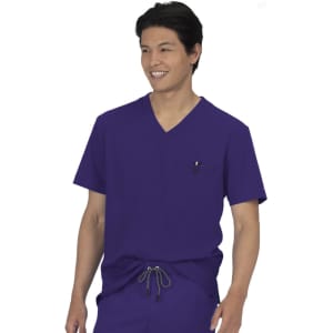 A purple scrubs top featuring a V-neck design and a chest pocket, worn by a smiling male model.