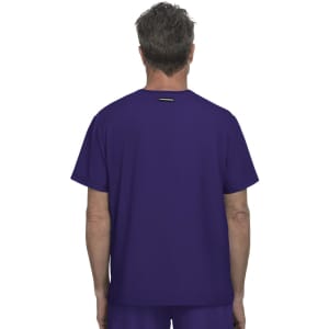 A purple T-shirt viewed from the back, featuring a simple design and a small logo at the neck.