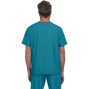 A men's uniform top in teal, featuring a simple design and a logo on the back.