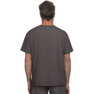 A grey scrub top for men, featuring a simple design and a logo on the back.