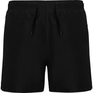 Black swimming shorts featuring an elastic waistband and drawstring, with a logo on the front.