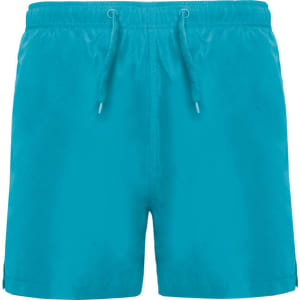 Aqua swimming shorts in bright turquoise, featuring an elastic waistband with a drawstring and side pockets.