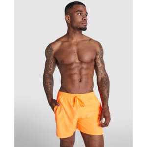 Bright orange Aqua Swimming Shorts with an elastic waistband and drawstring, featuring a logo on the front.