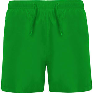 Green swimming shorts with an elasticated drawstring waistband and a logo. Suitable for casual swimming.
