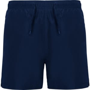 Navy blue swimming shorts with an elastic waistband and a drawstring. Features a small logo.