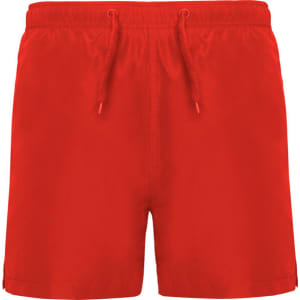 Bright red Aqua Swimming Shorts with an elastic waistband and drawstring, featuring a logo. Suitable for swimming activities.