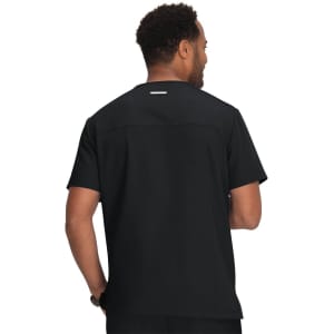 A back view of a black shirt worn by a person, featuring short sleeves and a sleek design.