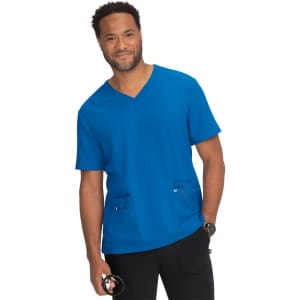 A blue scrubs top with a V-neck design, featuring two front pockets and a logo.