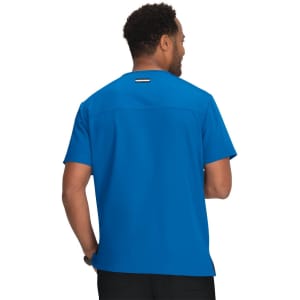 A blue shirt with a round neckline and short sleeves, featuring a small logo on the back.