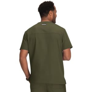 A men's scrub top in olive green, featuring a minimalist design and a logo on the back.