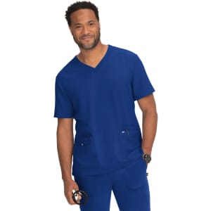 A medical scrub set in a vibrant blue hue, featuring a V-neck top and trousers with pockets, worn by a male model.