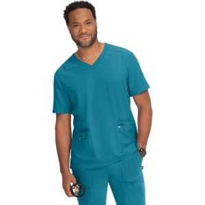 A person wearing a teal medical scrub top with a v-neck and two front pockets, holding a stethoscope.