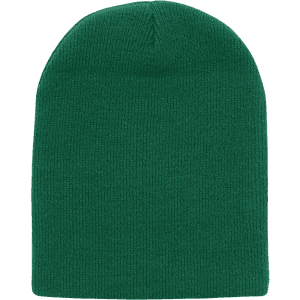 A green beanie hat featuring a ribbed texture and a fitted design, with no cuff at the brim.