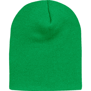 A green watch cap with a beanie style and no cuff, featuring a ribbed texture and a top point.
