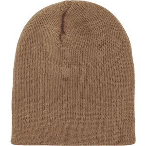 A tan beanie hat with a smooth knitted texture, featuring a logo on the side. No cuff is present.