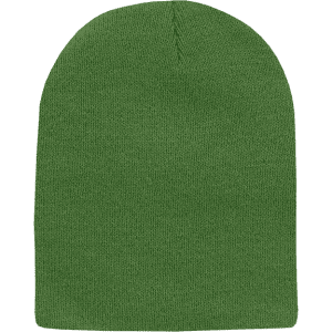 A green knitted watch cap without a cuff, featuring a brand logo.
