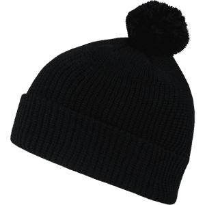 A black acrylic beanie with a fluffy pom pom on top, featuring a ribbed texture.