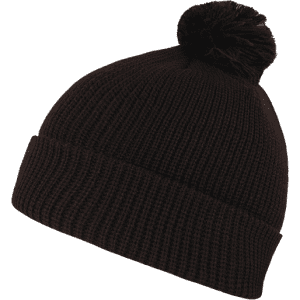 A black beanie with a knitted texture and a pom pom on top, featuring a logo on the side.