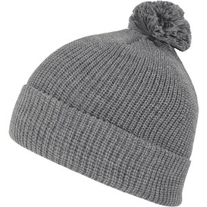 A grey acrylic beanie featuring a pom pom on top and a ribbed texture. It has a branded logo.