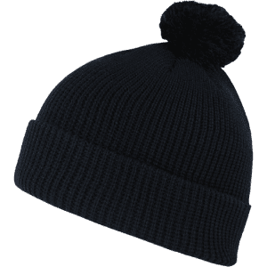 A navy blue acrylic beanie with a pom pom on top, featuring a ribbed texture and a fold-over cuff.