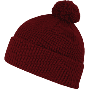 A burgundy acrylic beanie with a pom pom on top and a textured knit pattern. It features a branding logo.