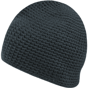 A black, knitted beanie with a smooth, rounded shape. The fabric has a textured finish and a minimalist design.
