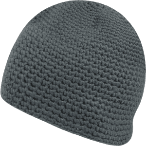 A grey knitted beanie with a smooth texture, featuring a simple design and a rounded top.