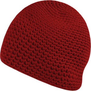 A red knitted beanie with a textured pattern, showcasing its soft and warm material.
