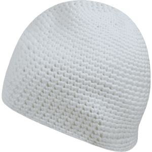 A white beanie with a textured knit design, featuring a logo on one side.