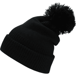 A black beanie with a large pom-pom on top, featuring a ribbed cuff. It has a logo on its side.