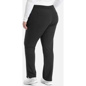 A pair of black tapered yoga pants featuring a back pocket and a subtle logo.