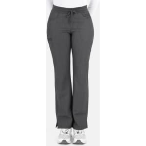 A pair of tapered pants in a dark grey colour with a waistband drawstring and side pockets, featuring a logo.