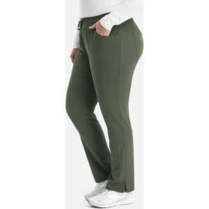 Tapered pants in olive green with side pockets and a comfortable waistband, featuring a subtle branding logo.