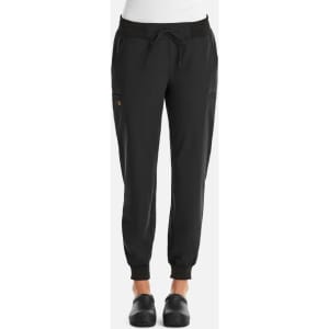 A pair of black joggers with elastic cuffs, featuring a drawstring waist and metallic detail. The design includes side pockets.