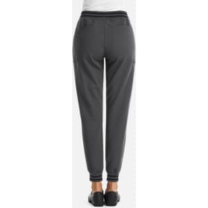 A pair of women's joggers in a dark grey colour with metallic detail, featuring a tapered design and elastic waistband.