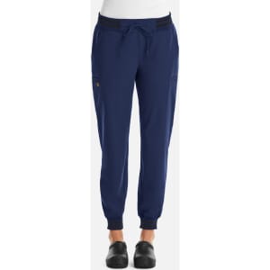 Full waist jogger in navy with metallic detailing, featuring a drawstring waist and side pockets. Comes with branding.