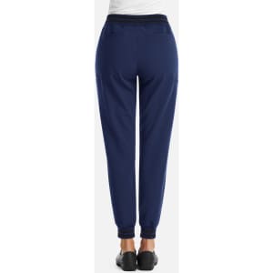 Full waist jogger in navy blue featuring a sleek silhouette with a metallic detail, designed for women.