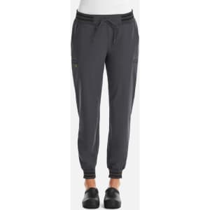 Full waist joggers for women in grey with metallic detail. Features pockets and an adjustable drawstring waistband.