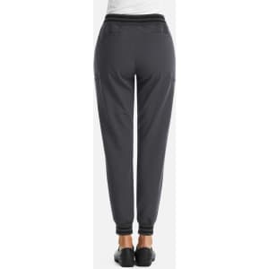 A pair of women's joggers in grey with a fitted waist and metallic detail, featuring side pockets and elastic cuffs.