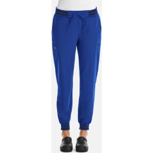 Full waist jogger in bright blue with metallic detail and a drawstring waist. Features side pockets and a stylish design.