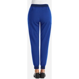 A pair of women's joggers in vibrant blue with metallic detailing and a fitted waist.