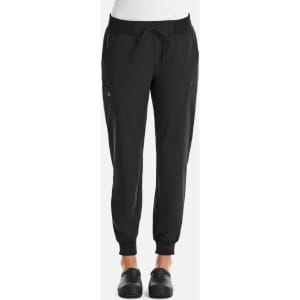 Black women's jogger pants featuring a full waist, drawstring, and tapered legs. Includes side pockets and a logo.