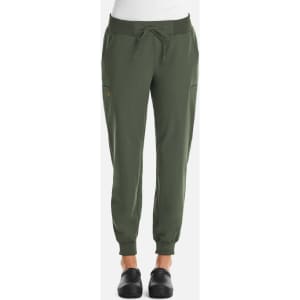 A pair of women's joggers in olive green with a drawstring waist and elastic cuffs, featuring side pockets and a logo.