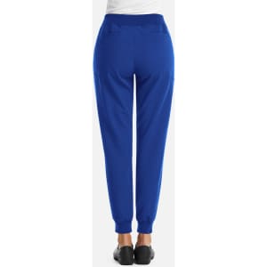 A pair of women's joggers in vibrant blue, featuring a full waist and elastic cuffs, with pockets on the back.
