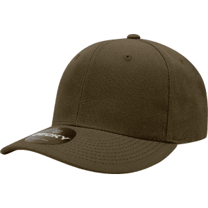 A brown six-panel cap with a curved brim and a logo on the front.