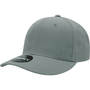 A grey structured cap featuring a mid-profile design and a branded tag.