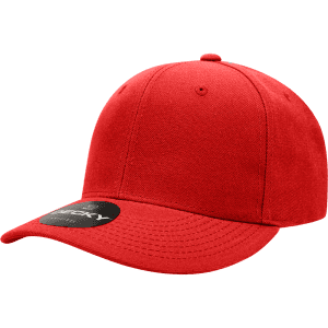 A red structured cap with a mid-profile and six panels, featuring a logo on the side.