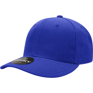 A blue mid-profile structured cap with a rounded crown and a logo on the side.